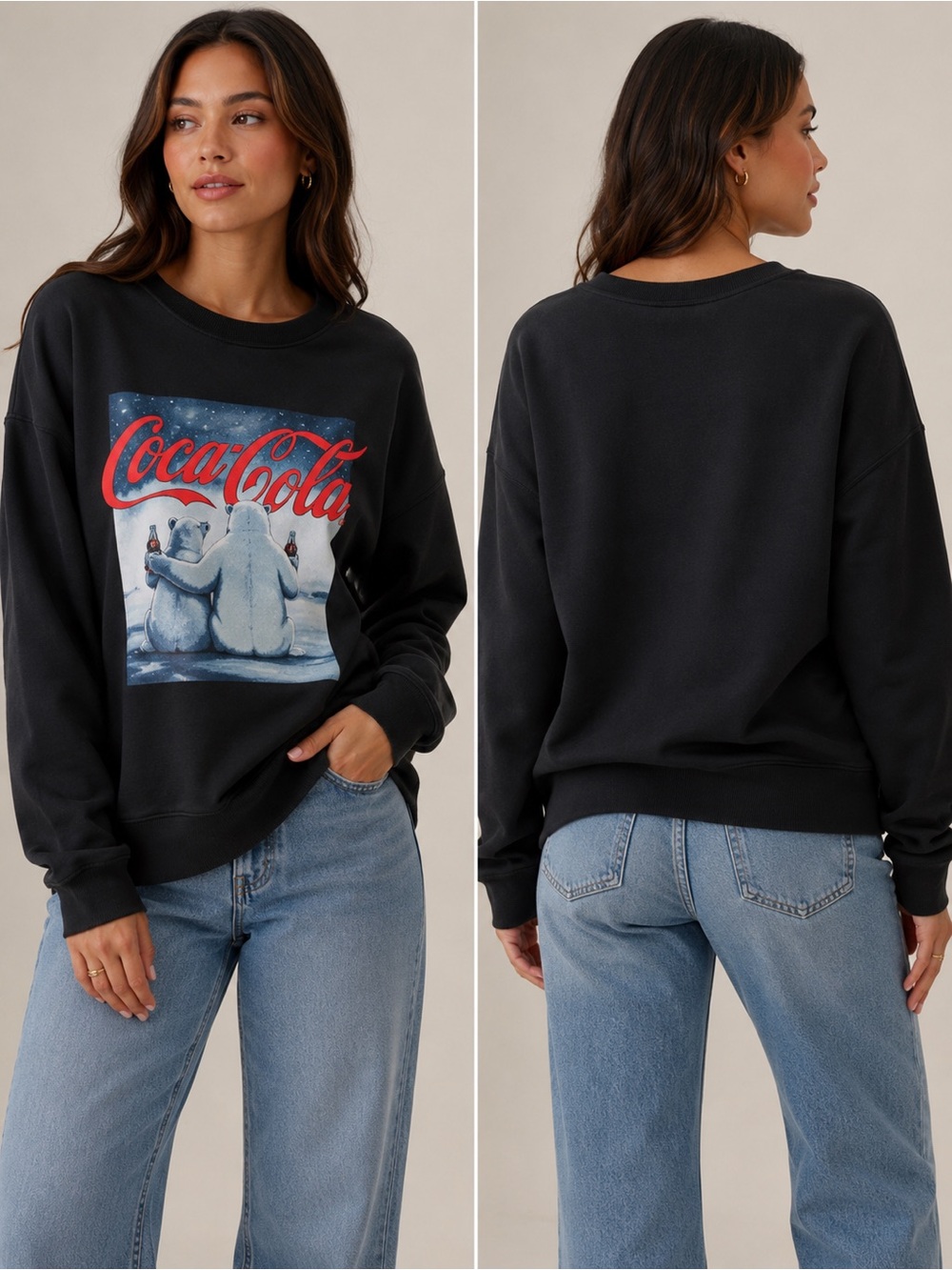 Coca-Cola Women’s Polar Bear Graphic Black Crewneck Sweatshirt Large NWT